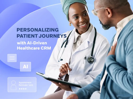 Doctor using a tablet while talking with a patient, with text about AI-driven healthcare CRM on a blue background.