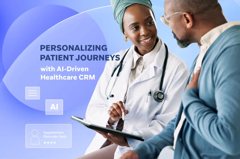 Doctor using a tablet while talking with a patient, with text about AI-driven healthcare CRM on a blue background.