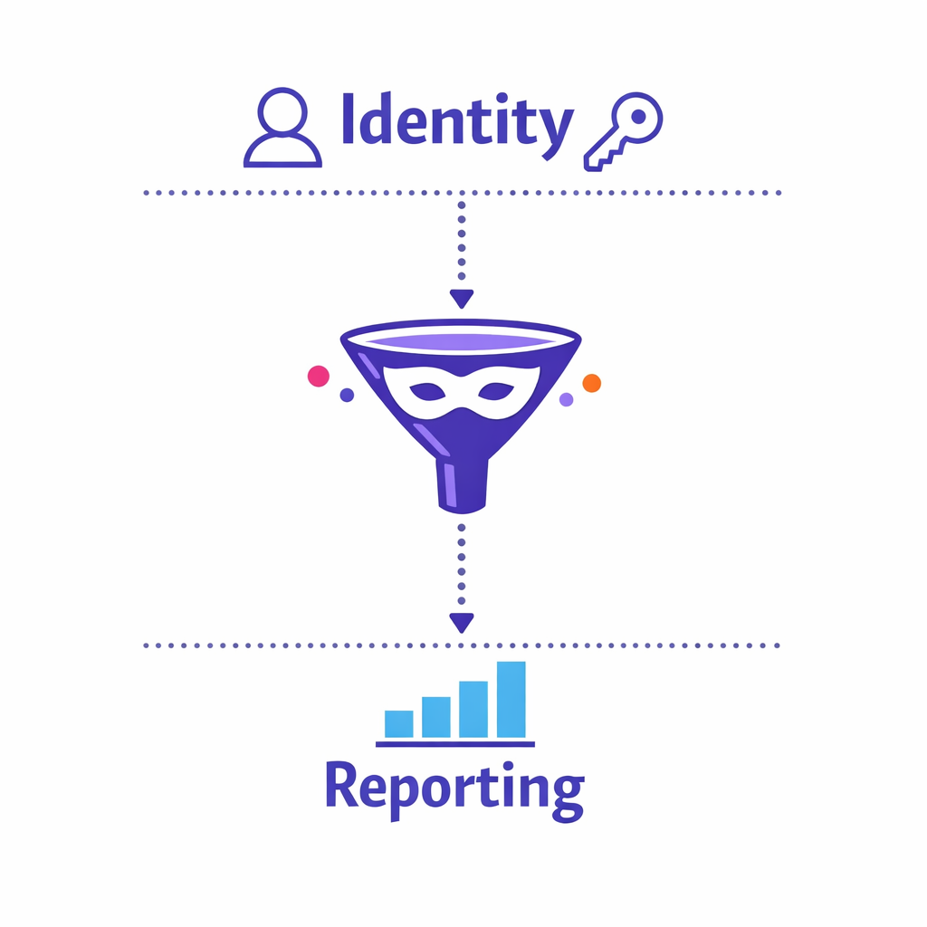 Separated layers show identity resolution feeding de-identified reporting outputs for measurement.