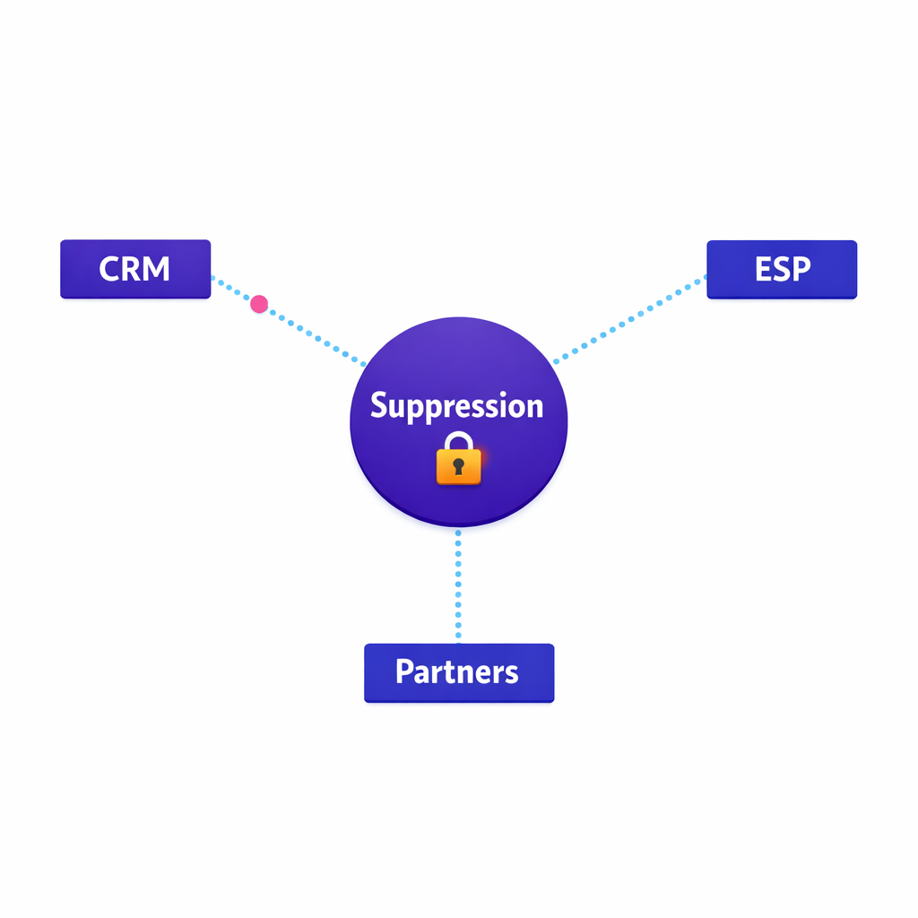 Central suppression list fans out to CRM, ESP, and partners to keep opt-outs durable.