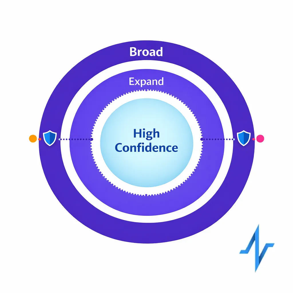 Concentric rings visualize starting with high-confidence segments and expanding with guardrails.