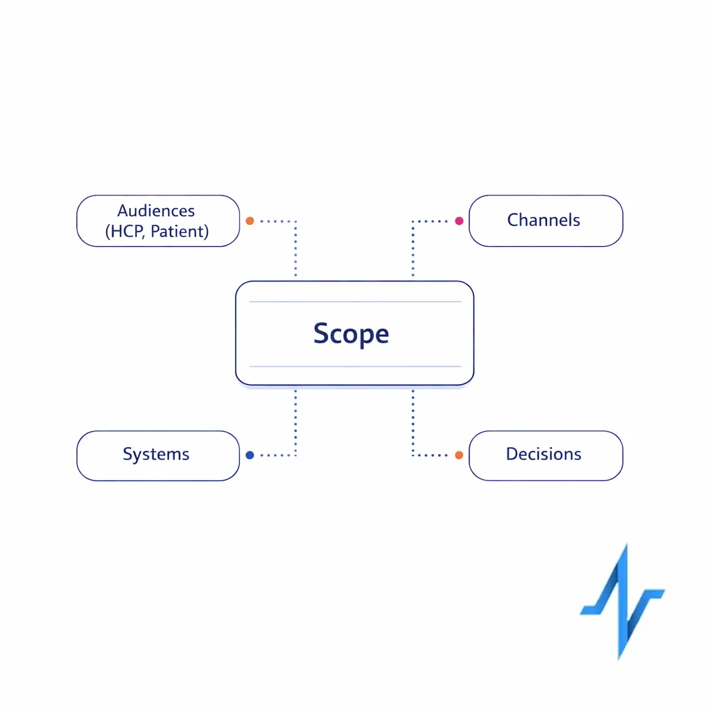 A one-paragraph scope diagram linking audiences, channels, systems, and decisions in a clean central layout.