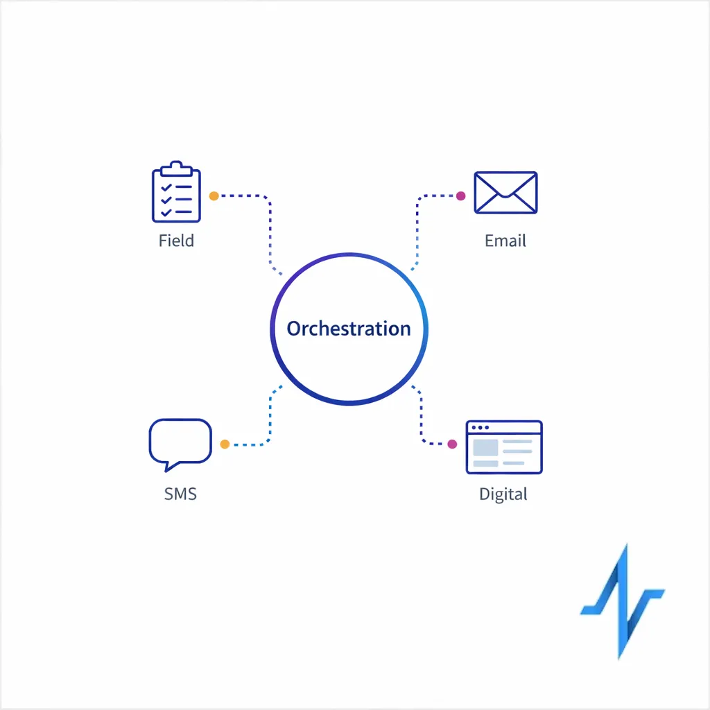 A central decision hub routes HCP (Health Care Professional) signals to field, email, SMS, and digital steps.