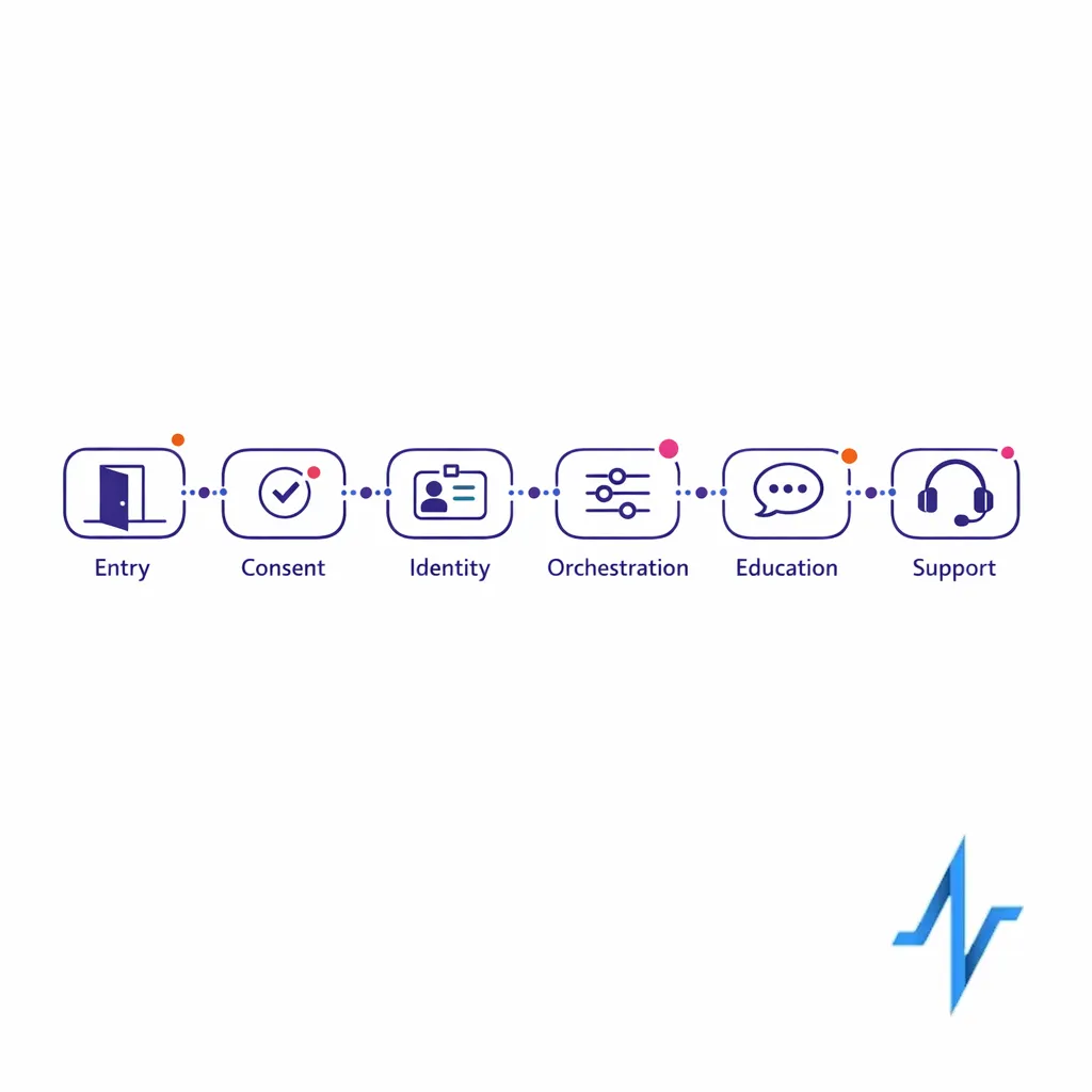 A six-stage patient journey diagram from entry to support with clear consent gates and channel icons.