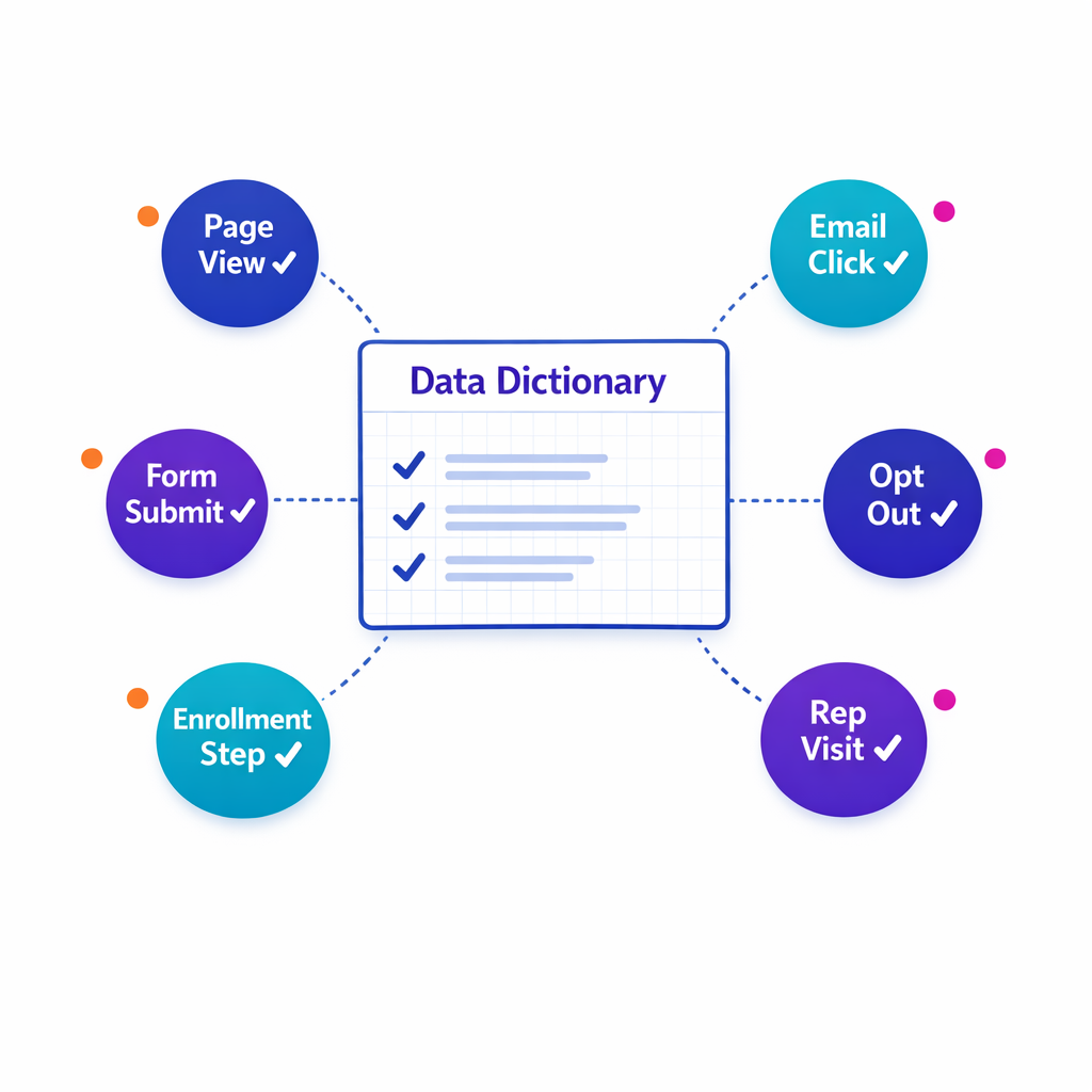 A data dictionary card and event taxonomy nodes illustrate governed schemas and validation rules.