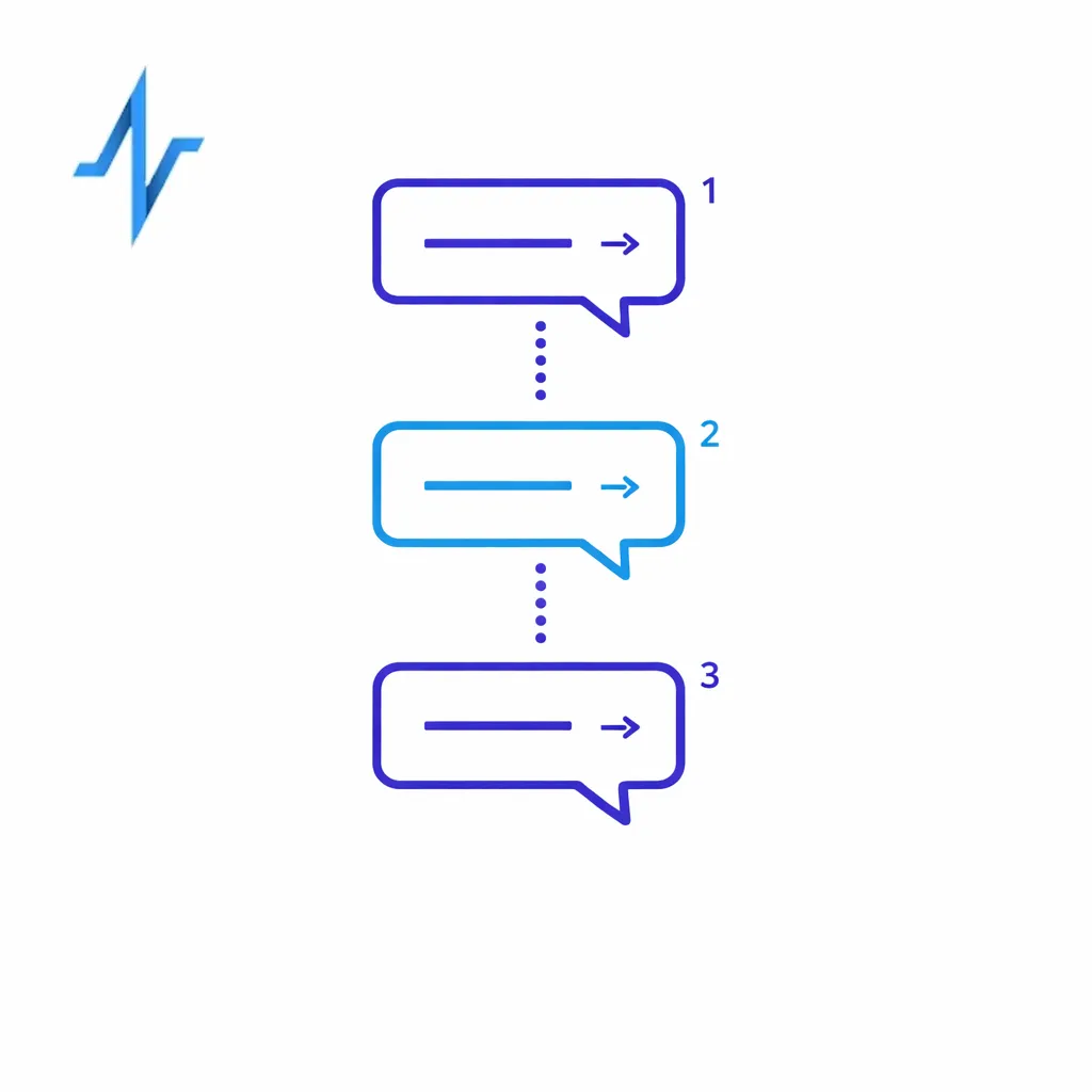 Three short message bubbles in sequence, each with one clear idea and a next-step link indicator.