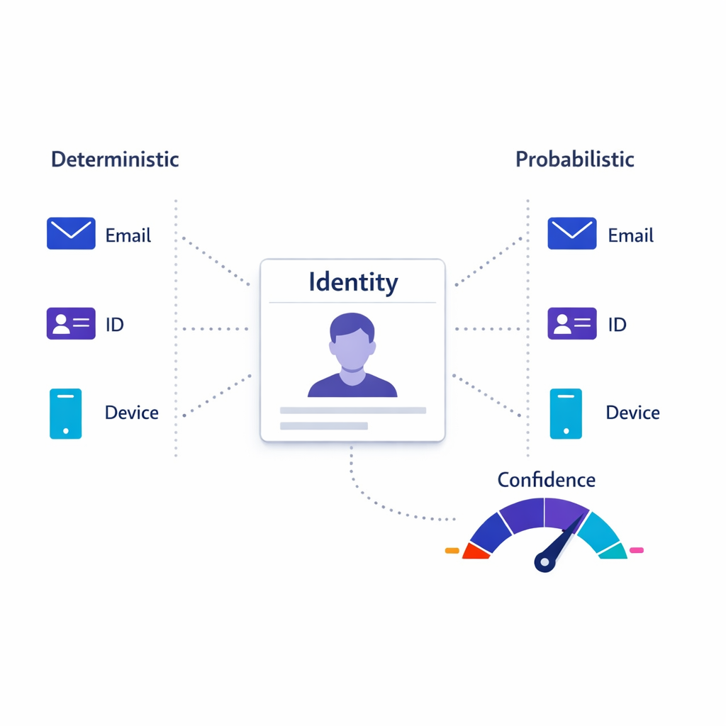 Deterministic and probabilistic matches feed a profile with confidence scoring and clear explainability.