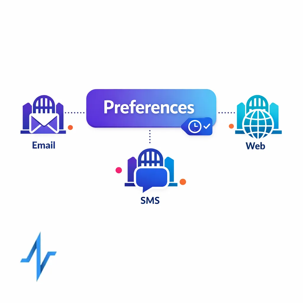 A preference center feeds channel gates to enforce opt-outs consistently with time-stamped records.