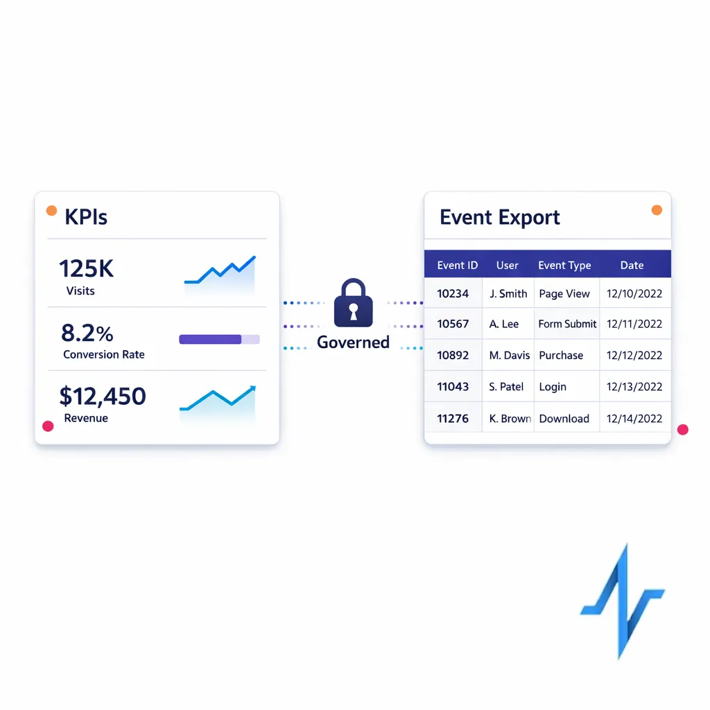 A dashboard and an export table connect to show consistent KPI definitions and event-level data access.