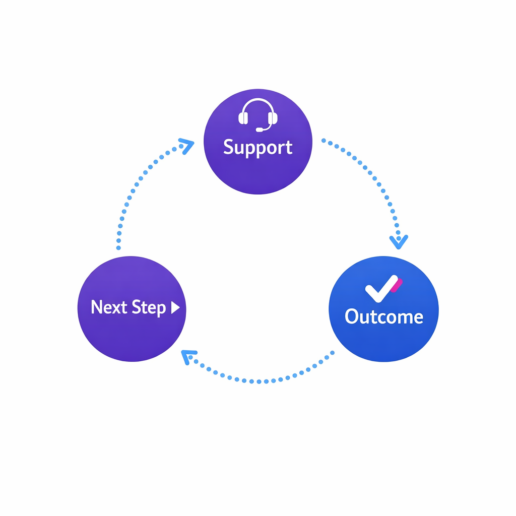 A simple loop diagram showing support resolution feeding back into the journey for smarter next messages.