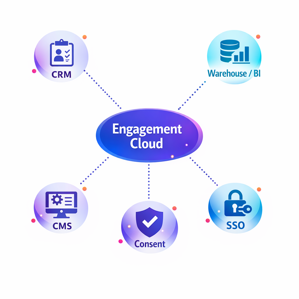 A hub-and-spoke map links engagement cloud, CRM, warehouse, CMS, SSO, and consent tools.