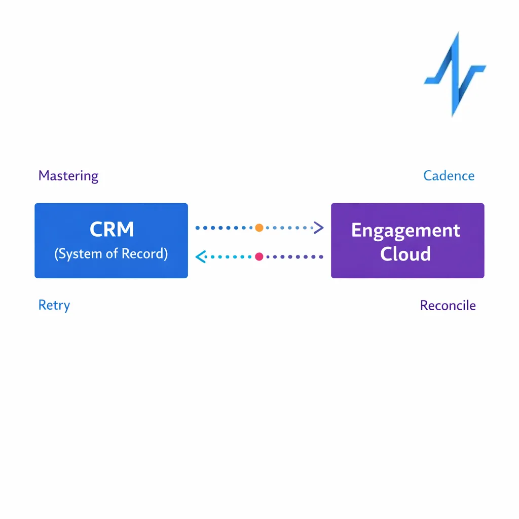 A bidirectional sync diagram shows mastering, cadence, retries, and reconciliation between systems.