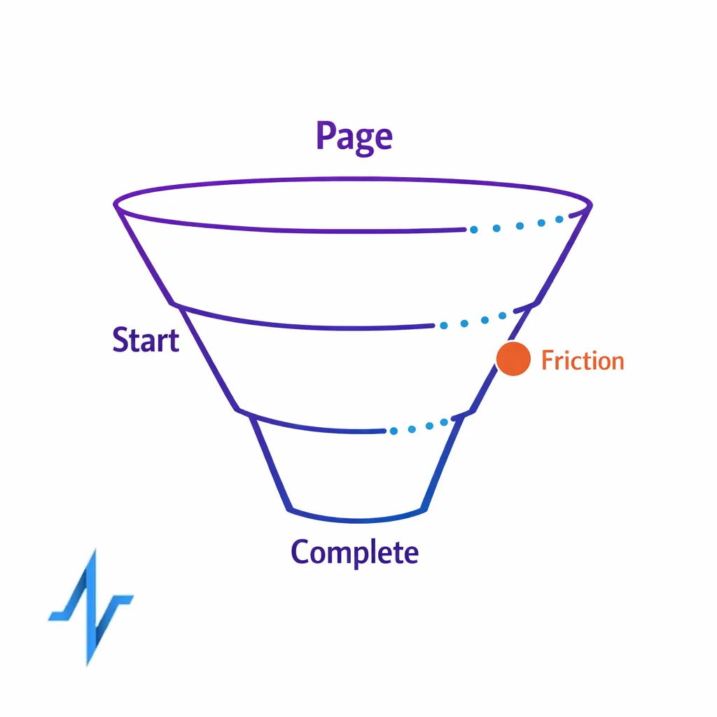 A signup funnel showing start-to-complete rates with highlighted friction points where consent causes drop-off.