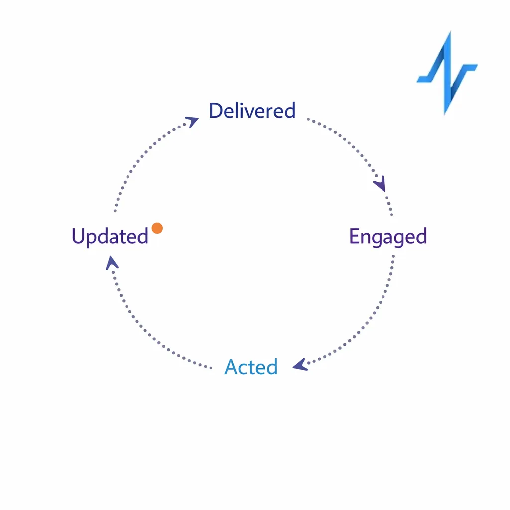 A circular loop connects delivery, engagement, action, and journey stage update for continuous learning.