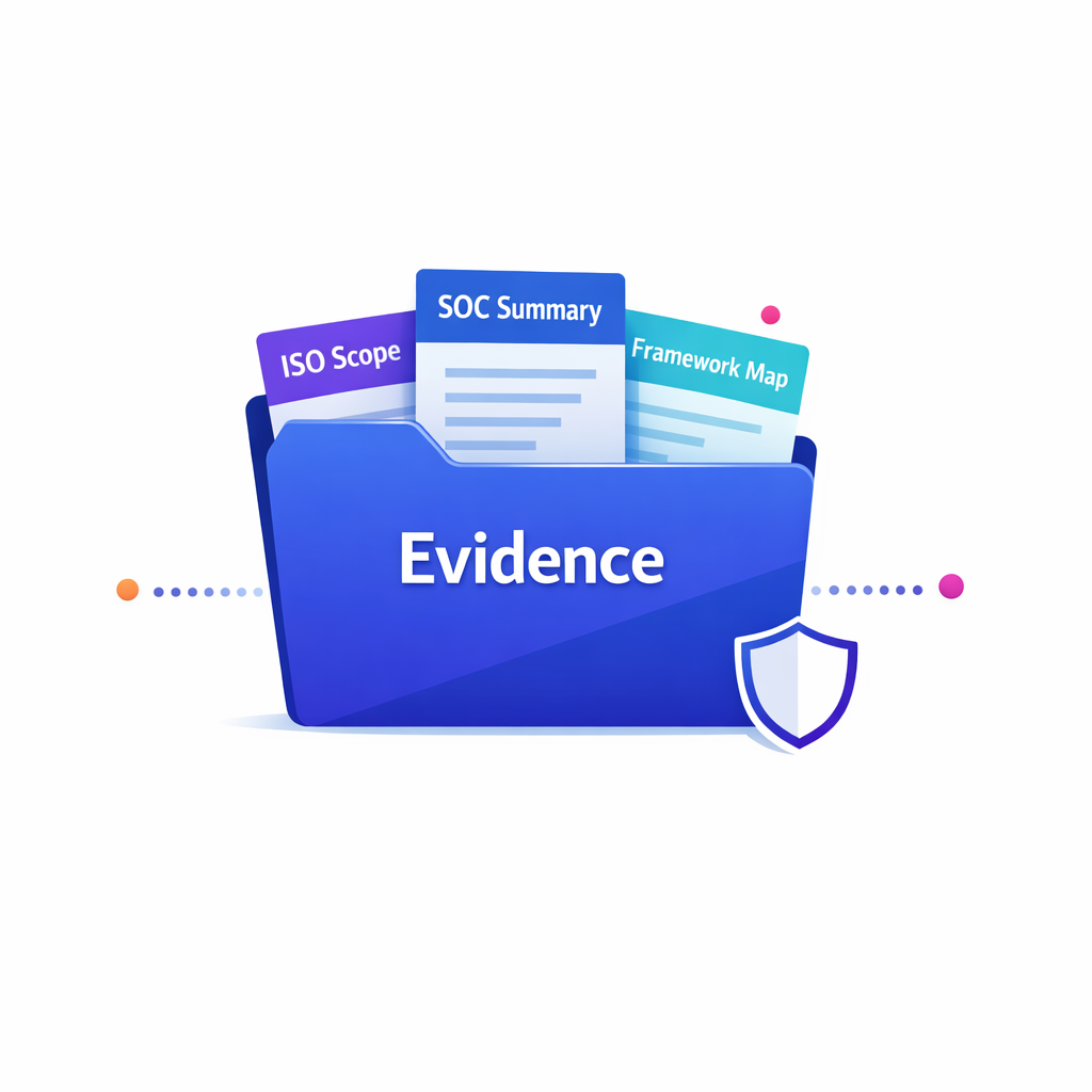 A folder of evidence shows ISO scope, SOC summary, and framework mapping as proof-based security review.