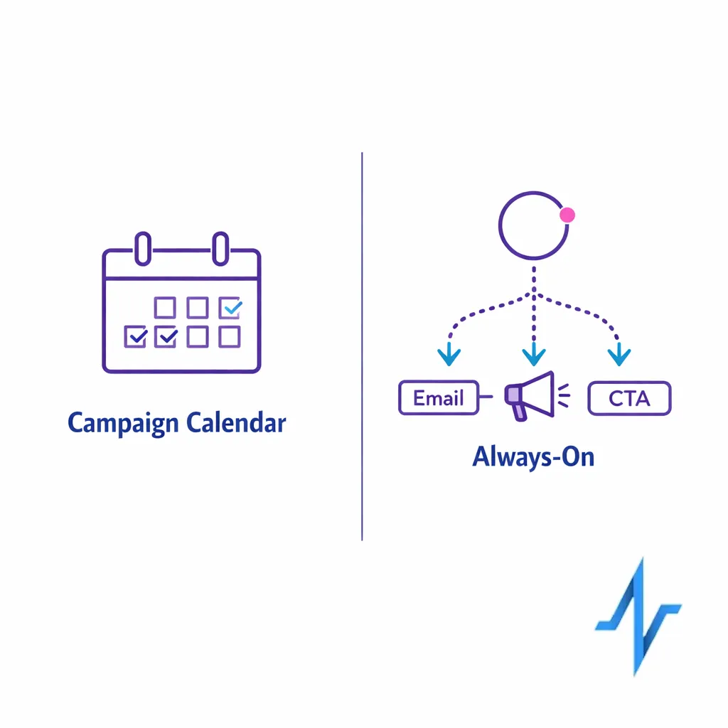 A static calendar is contrasted with a dynamic decision flow responding to real-time signals.