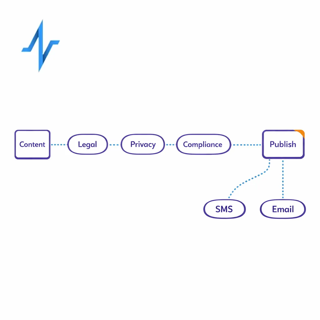 A simple workflow showing content moving through review gates before publishing to patient channels.