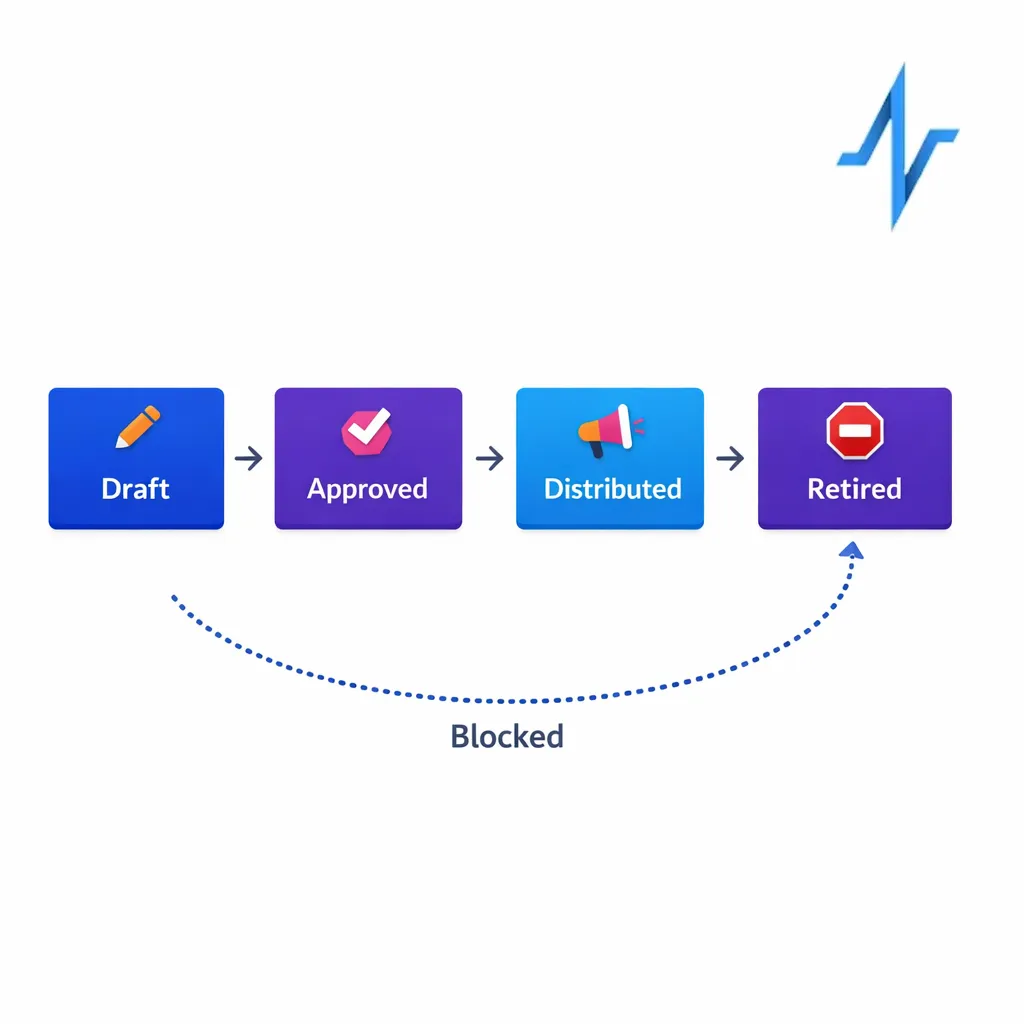 A content lifecycle shows draft, approved, distributed, and retired with controls preventing retired use.