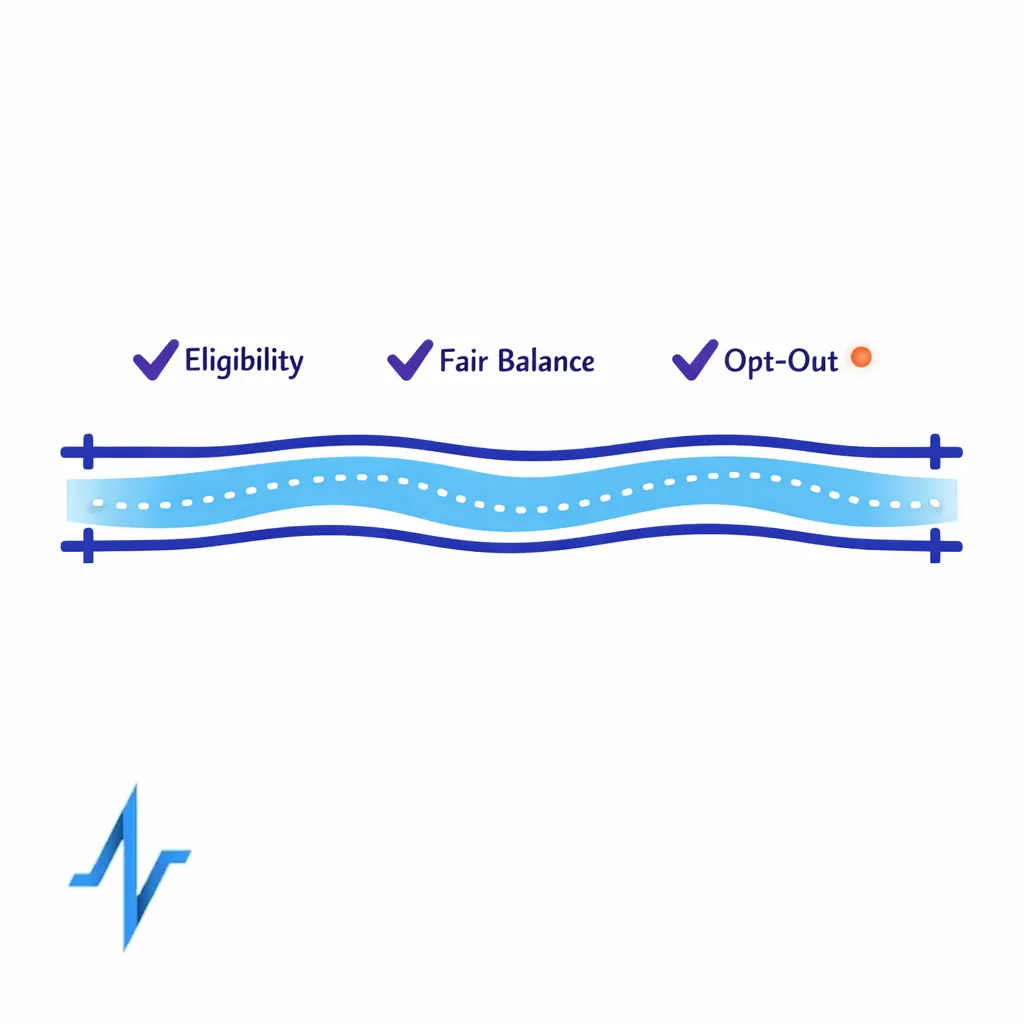 Guardrail rails constrain message flow with checks for eligibility, fair balance, and opt-out.