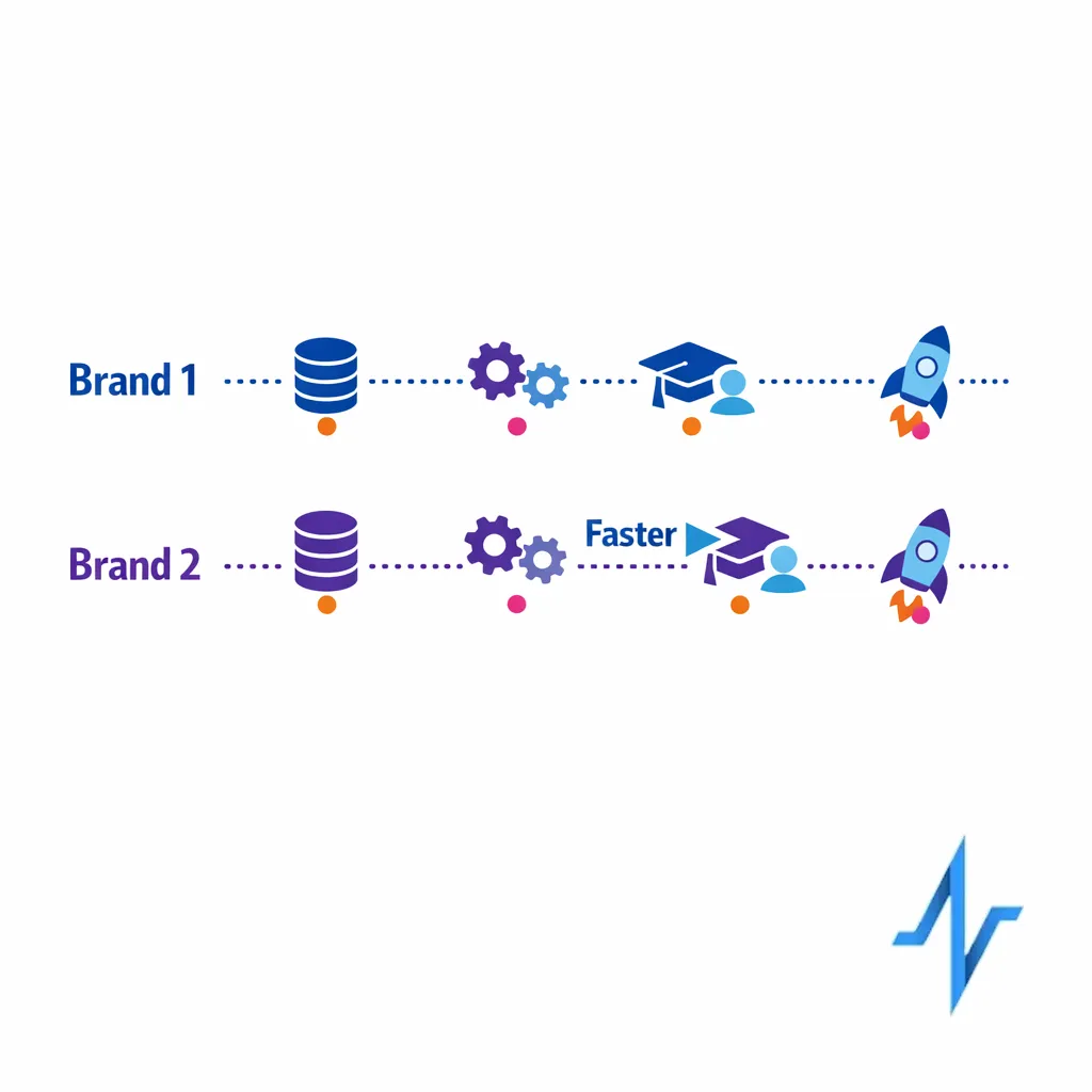 A two-phase rollout timeline compares first brand launch to second brand rollout with faster repeatability.