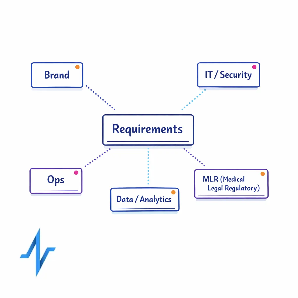 Five stakeholder cards form a ring around a shared requirements board to show cross-team alignment.