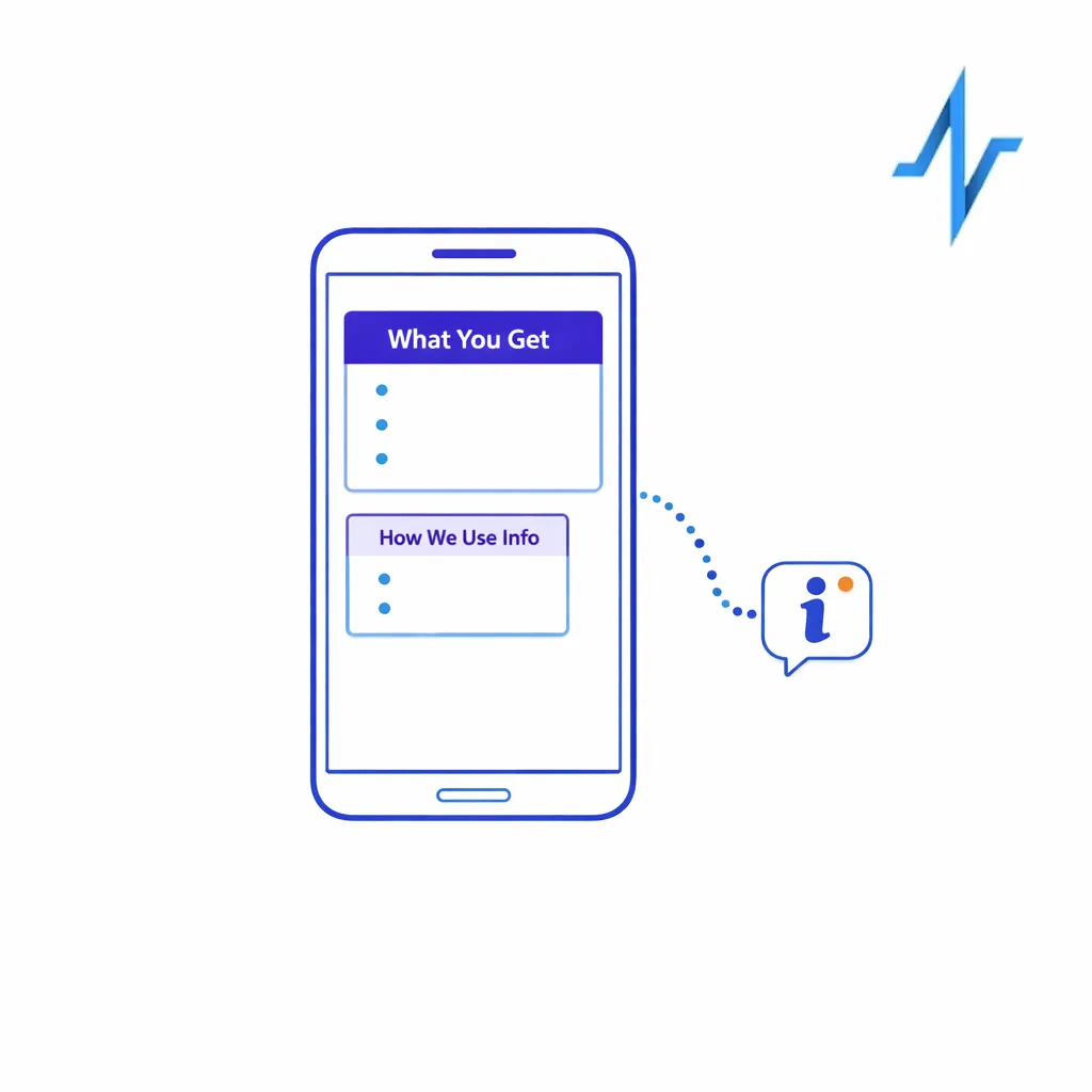 A mobile signup screen illustration showing a clear value card before any data fields with a consent preview.