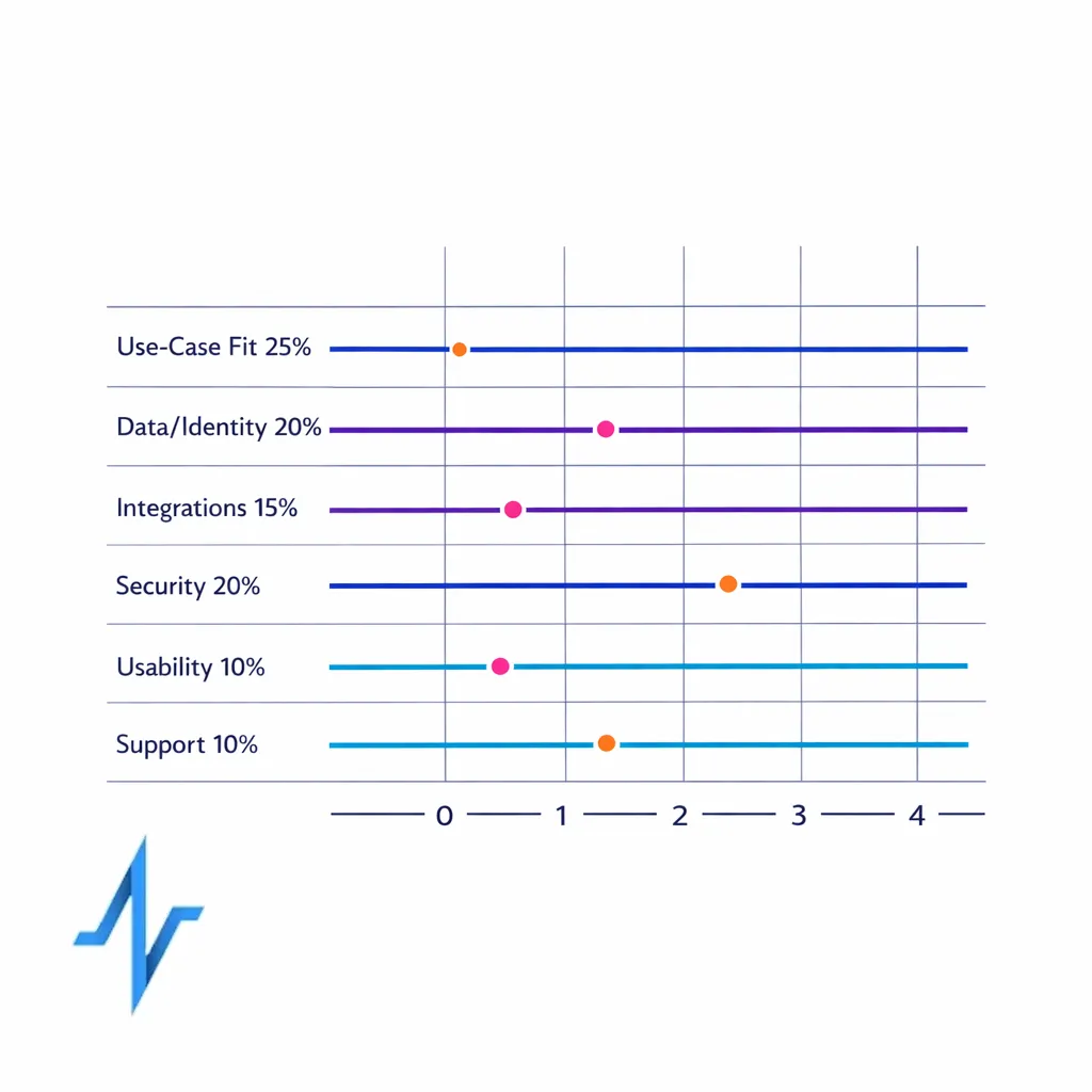 A weighted rubric grid shows categories, example weights, and a 0 to 4 scoring scale for vendor comparison.