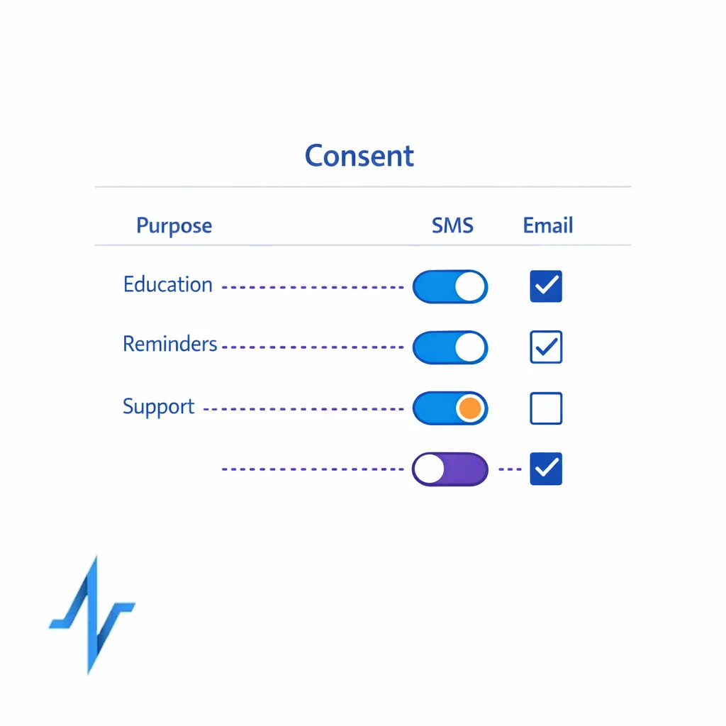 A consent panel with separate toggles for purpose and channel, showing explicit choices without bundling.