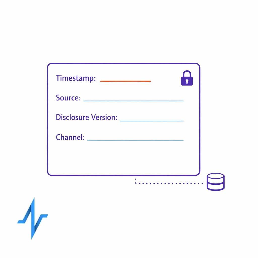 A compliance-ready record card showing timestamp, source, and version fields as evidence of consent.
