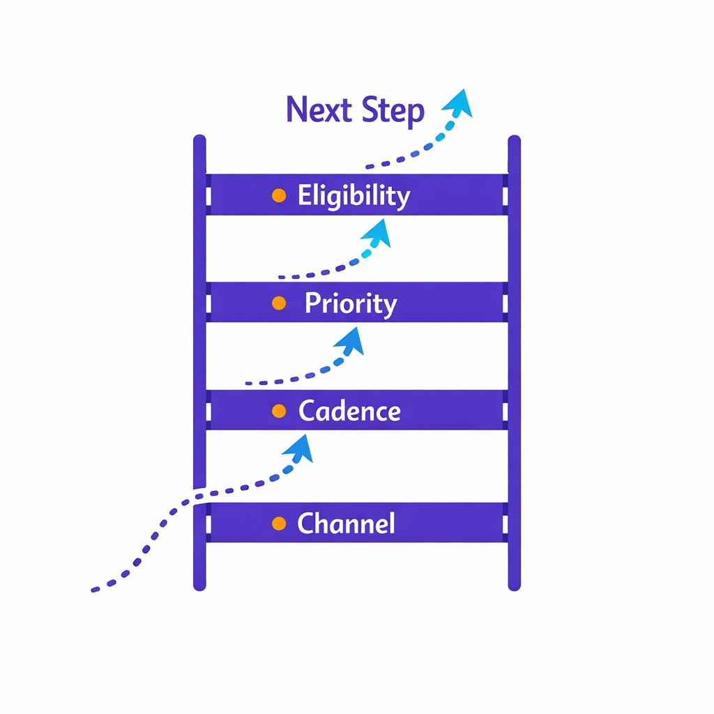 A rule ladder illustrates eligibility, priority, cadence, and channel selection for next steps.