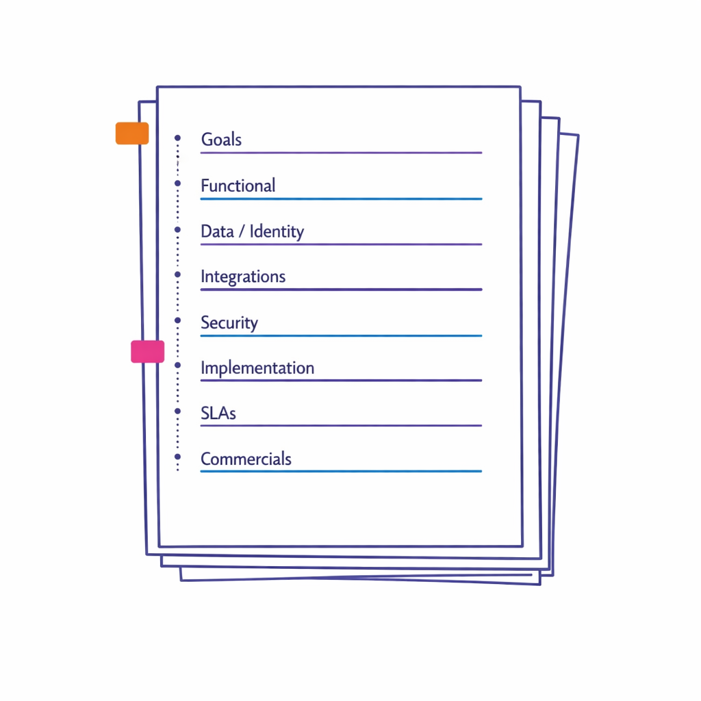 A stacked document outline visualizes standardized RFP sections for comparable vendor responses.