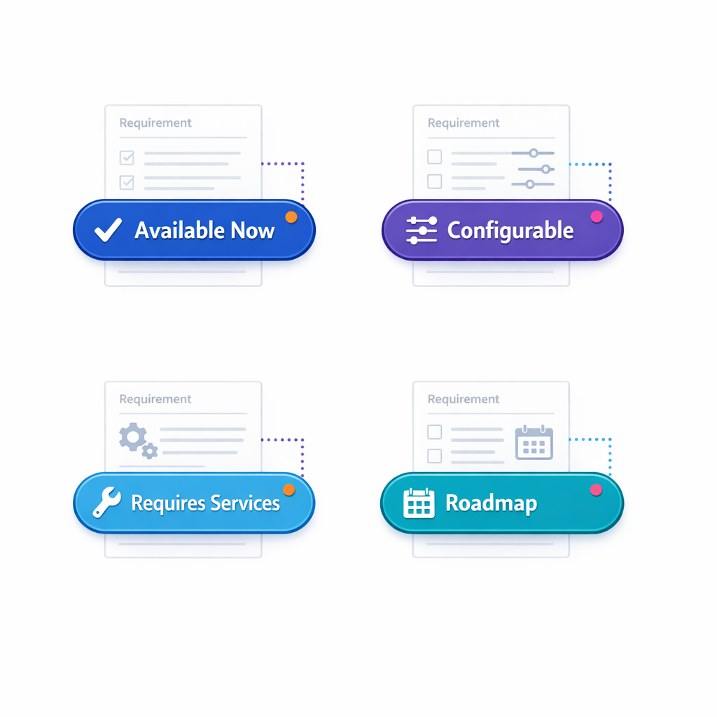 Four response tags illustrate Available Now, Configurable, Services, and Roadmap for consistent scoring.