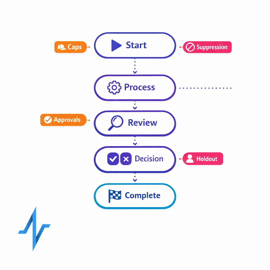 A multi-step journey flow shows frequency caps, suppression rules, and approvals as guardrails.