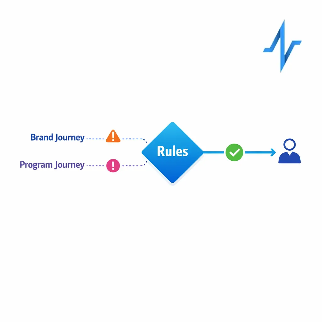 Two parallel journeys converge on a rules engine that prevents conflicting messages to the same person.