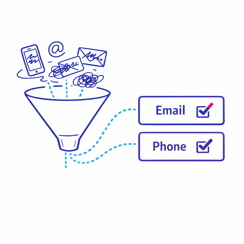 A funnel-style diagram showing raw entries becoming standardized email and phone formats with validation checks.