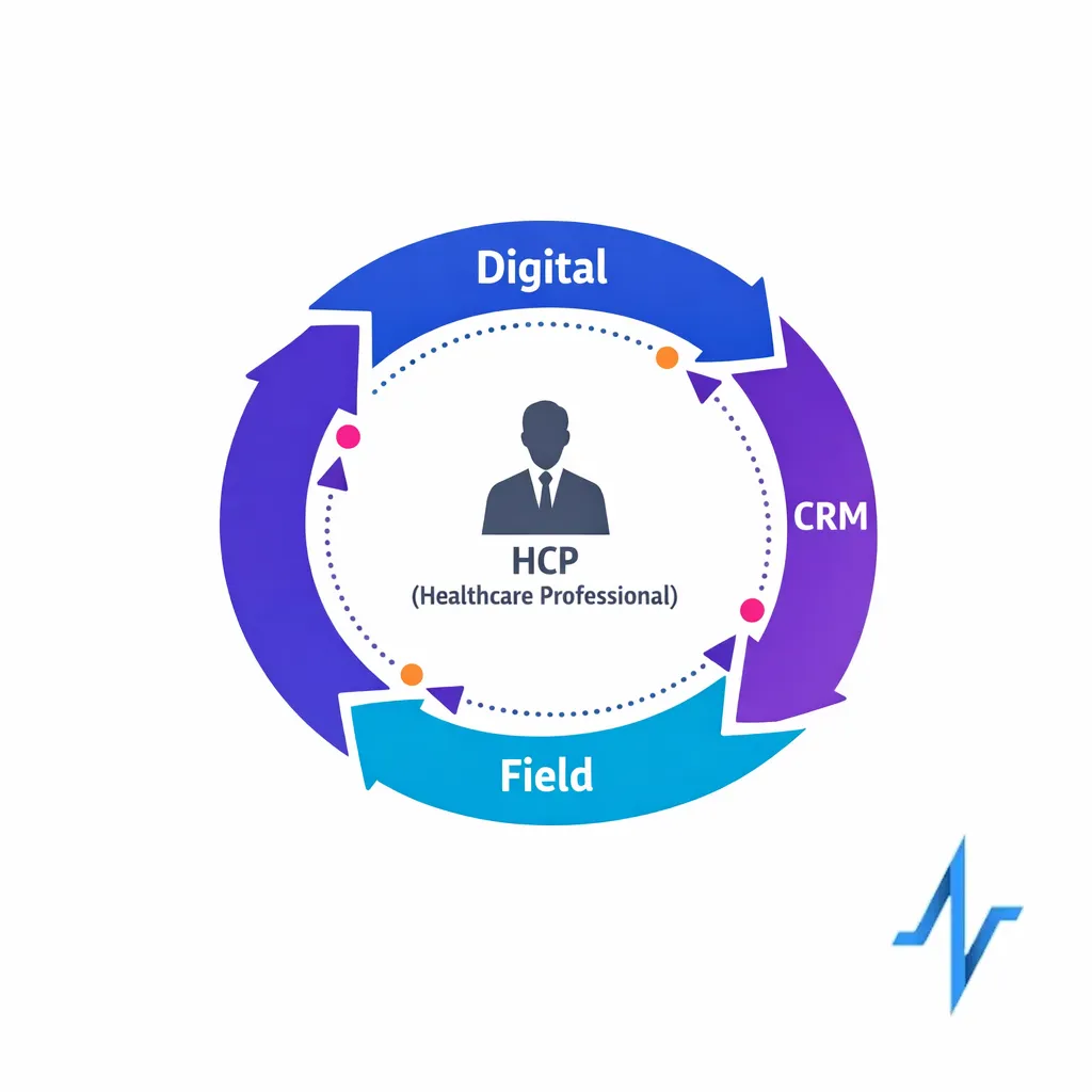 A simple loop connects digital engagement, CRM activity, and rep touchpoints into one coordinated view.