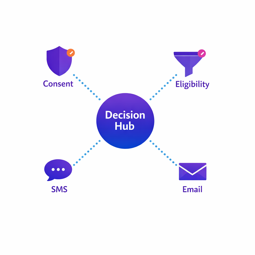 A central decision hub routing messages to SMS and email only when consent and eligibility gates are satisfied.