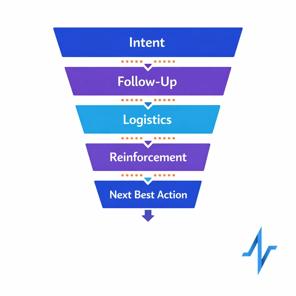 A five-stage funnel shows intent, follow-up, logistics, reinforcement, and next best action progression.