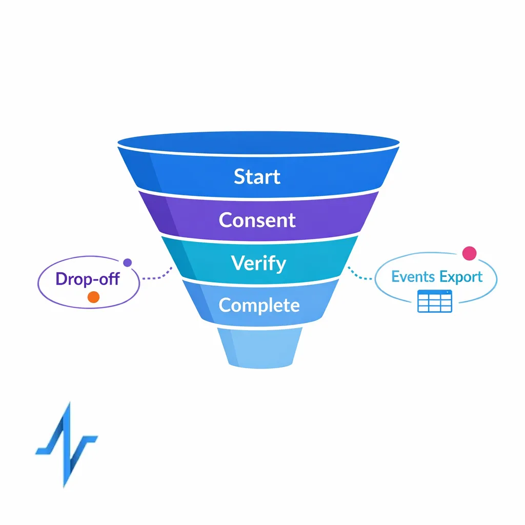 A clean funnel shows patient sign-up steps with drop-off indicators and exportable event data.