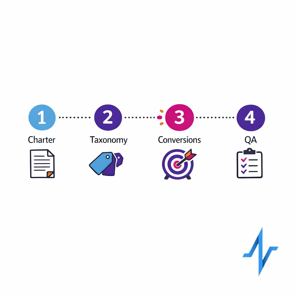 A four-step roadmap for GA4 integration from charter to taxonomy to conversions to QA.