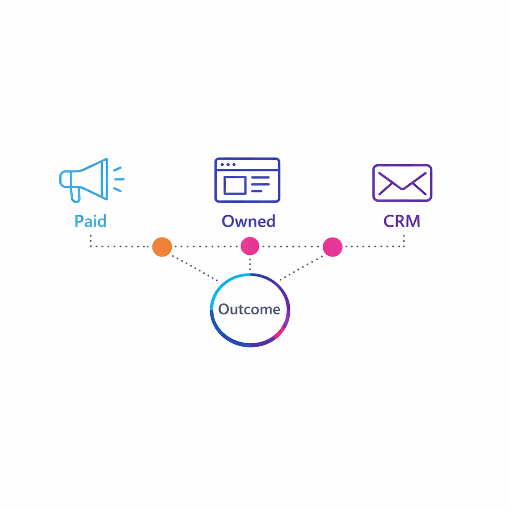 A journey map spanning paid to owned to CRM steps to encourage outcome-focused reporting.
