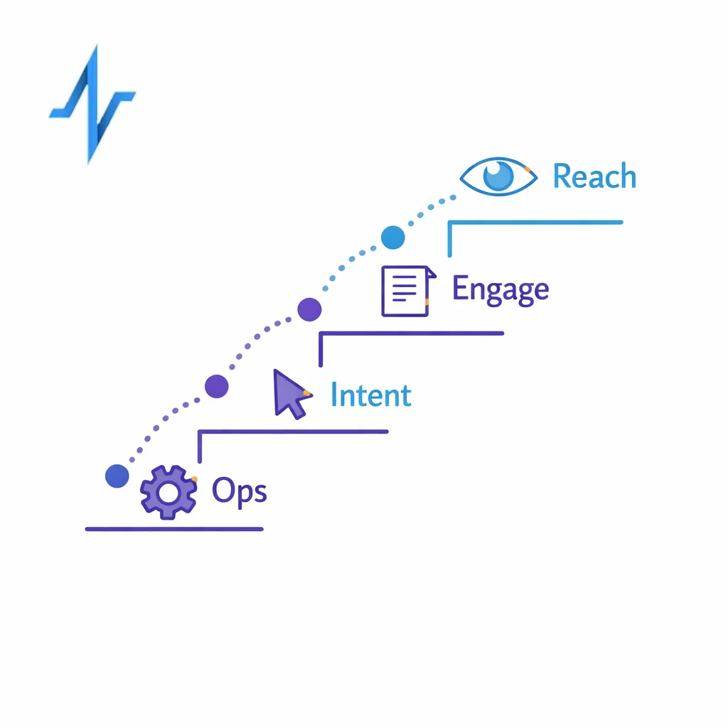 A four-step KPI ladder moving from exposure to engagement, intent, and orchestration health.