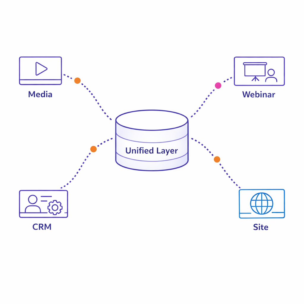 Separate channel data streams flowing into one unified analytics layer to reduce fragmentation.