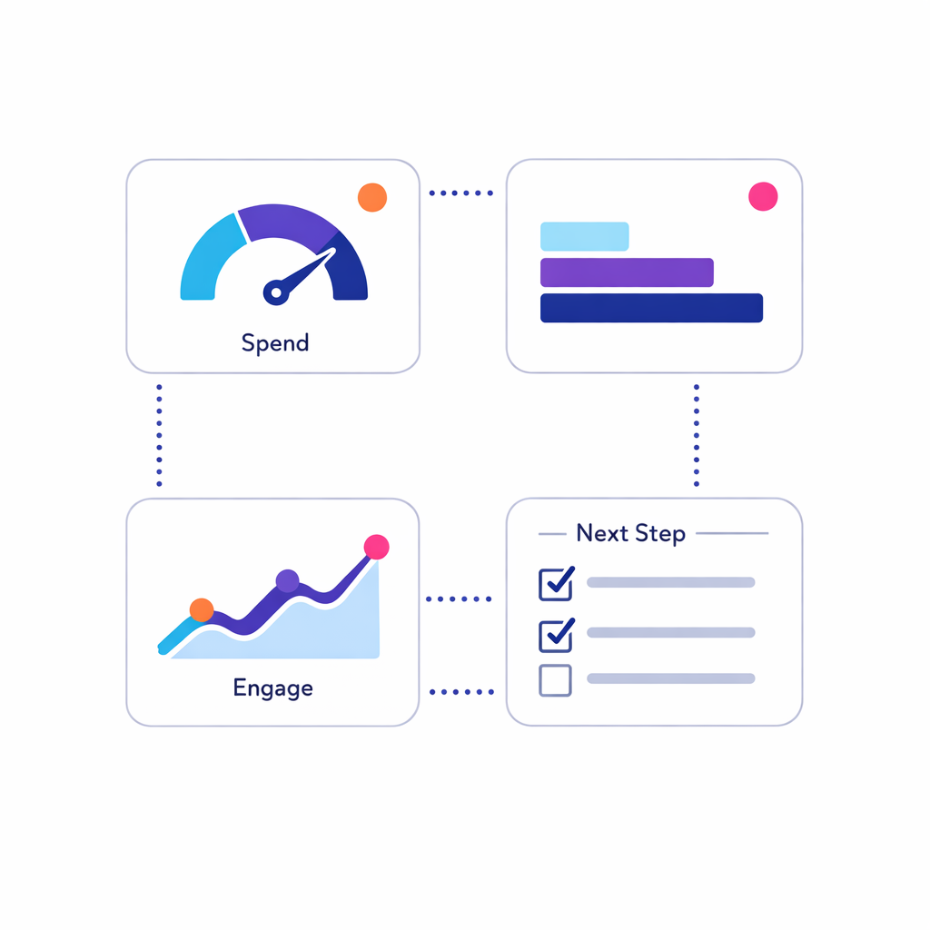 Central dashboard cockpit showing spend, delivery, engagement, and next-step actions with near real-time signals.