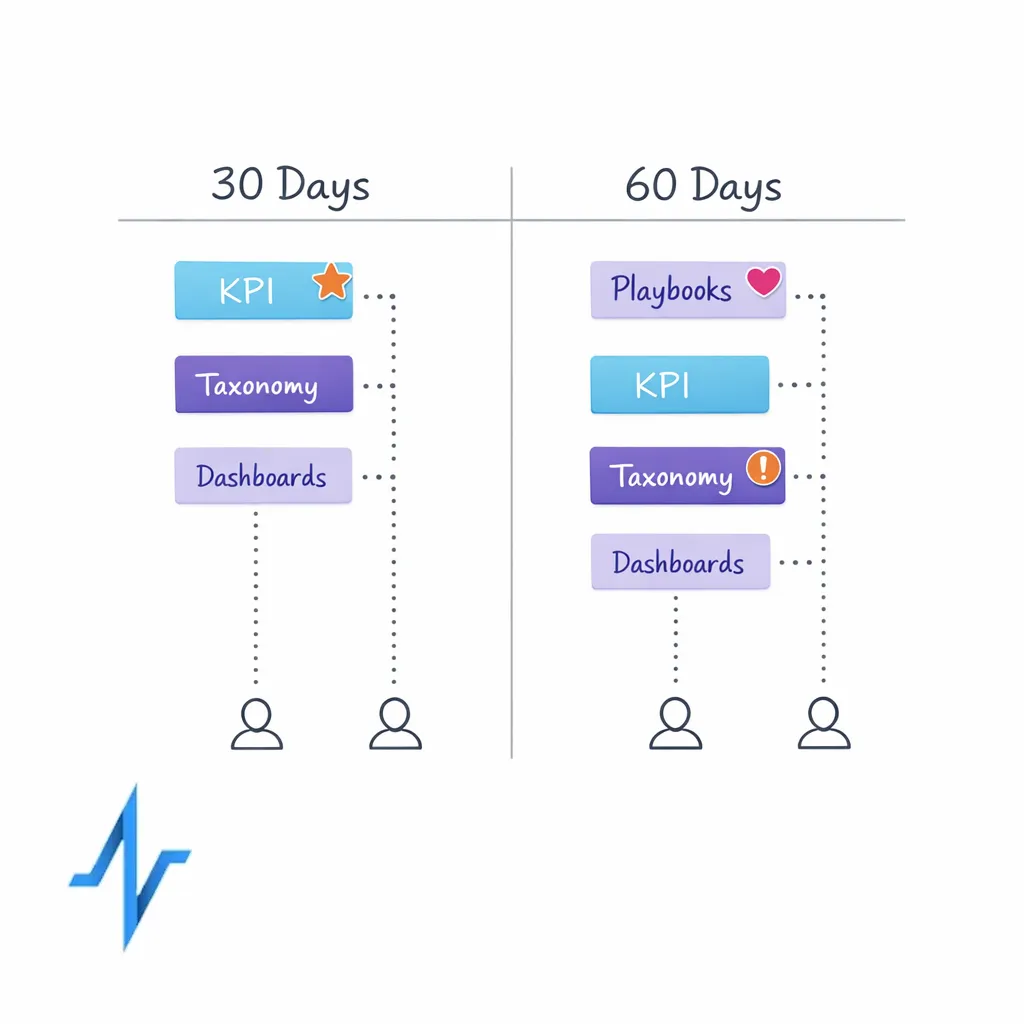 A sprint plan showing quick wins for KPI standardization, tagging, dashboards, and ownership.
