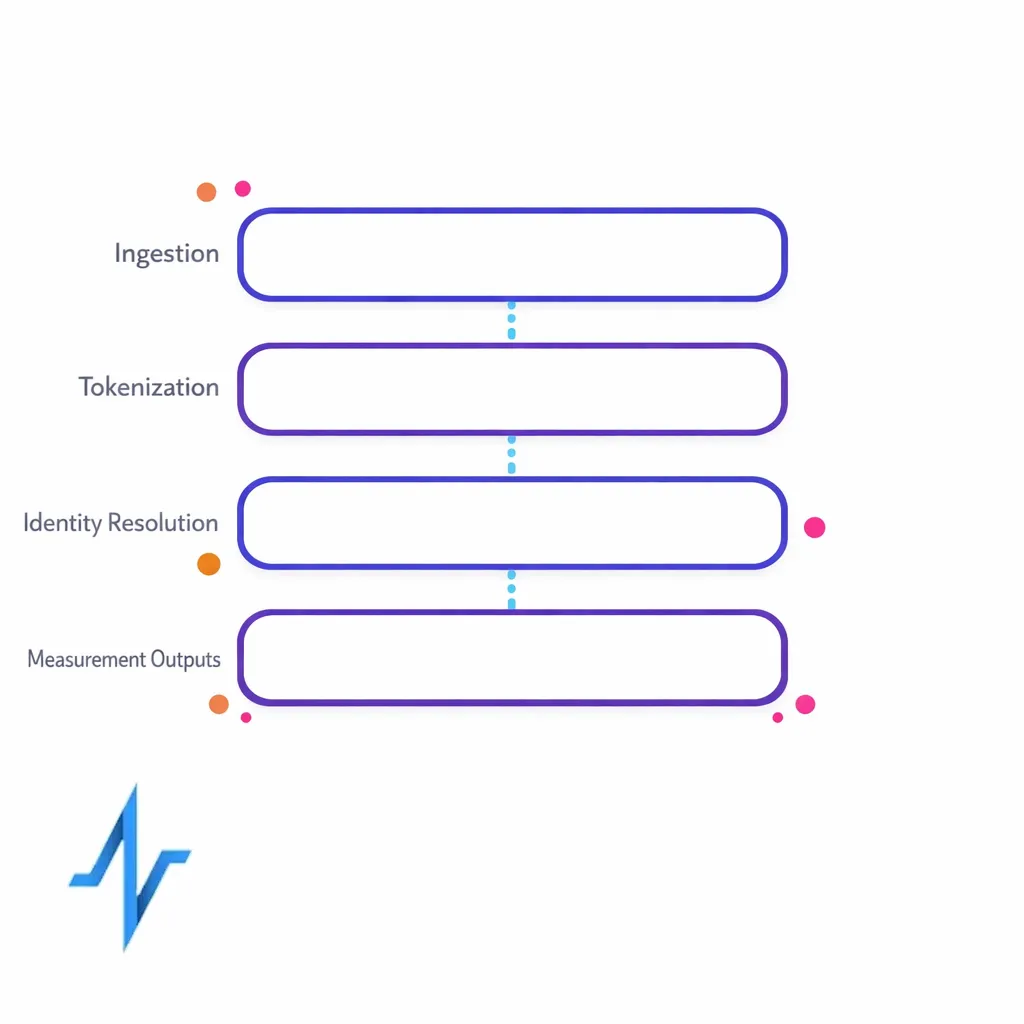 Four-layer architecture diagram showing ingestion, tokenization, identity resolution, and measurement outputs.
