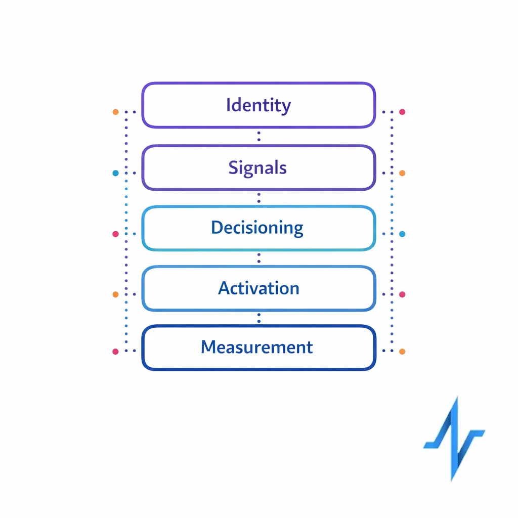 A five-layer diagram shows identity, signals, decisioning, activation, and measurement connected by dotted lines.