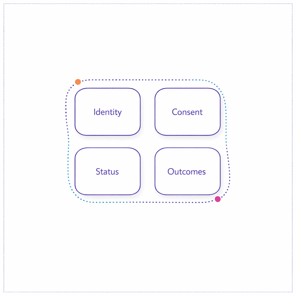A minimal diagram showing identity, consent, status, and outcomes connected as four pillars of a patient support program.