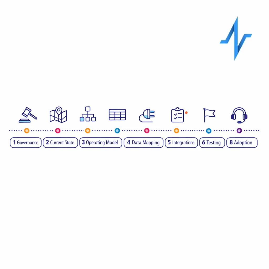 A clean eight-step roadmap showing a CRM migration timeline from governance to hypercare.
