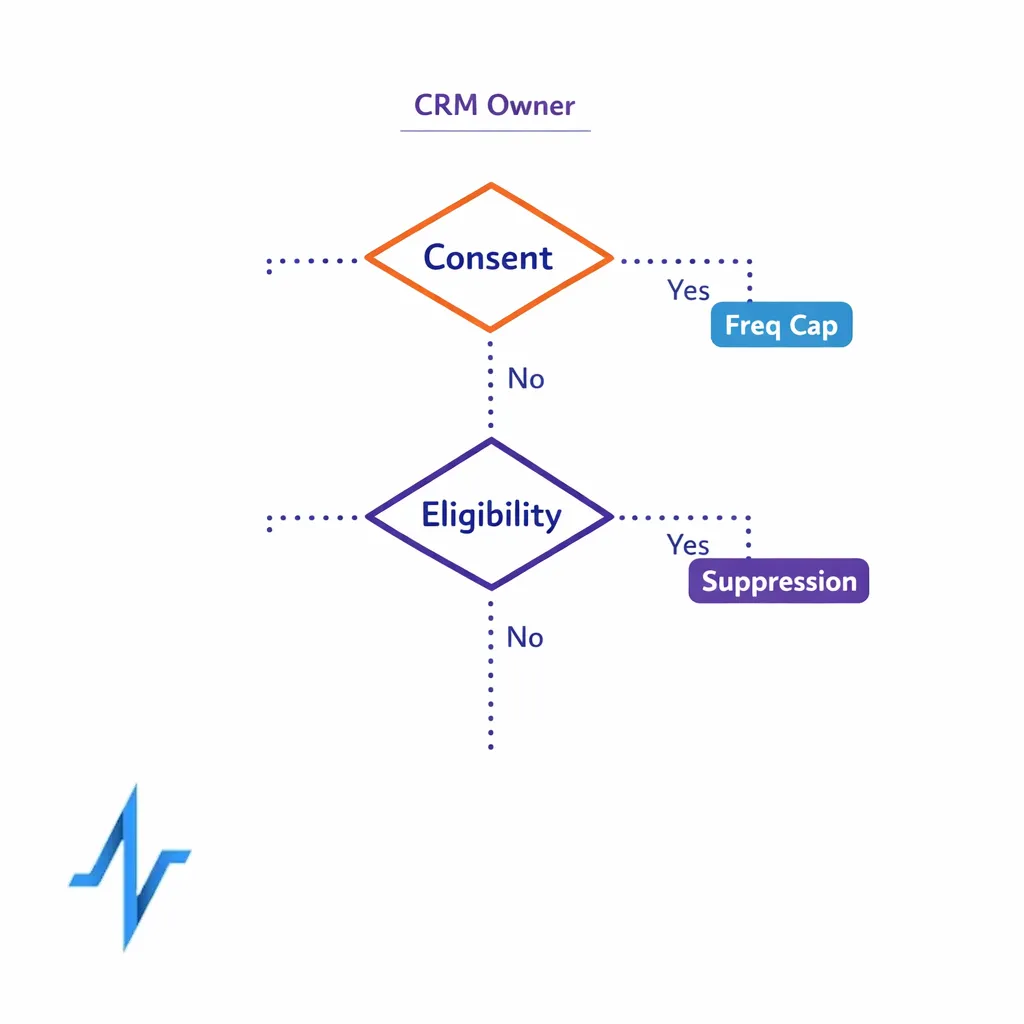 A journey flow shows consent flags, frequency caps, and suppression lists governed by a CRM owner.